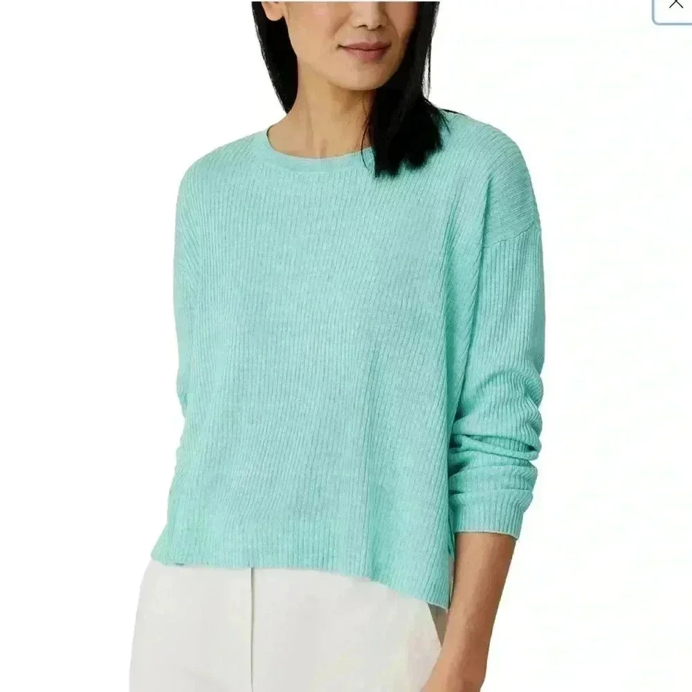 Eileen Fisher Mint Green Organic Linen Delave Round Neck Pullover size Medium